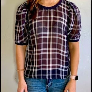 Navy Plaid Sheer Top